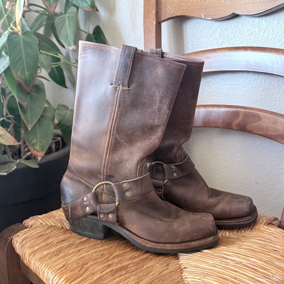 Frye Shoes - Frye Harness 12R Brown Leather Biker Boots Women 8 N Square Toe Made in USA